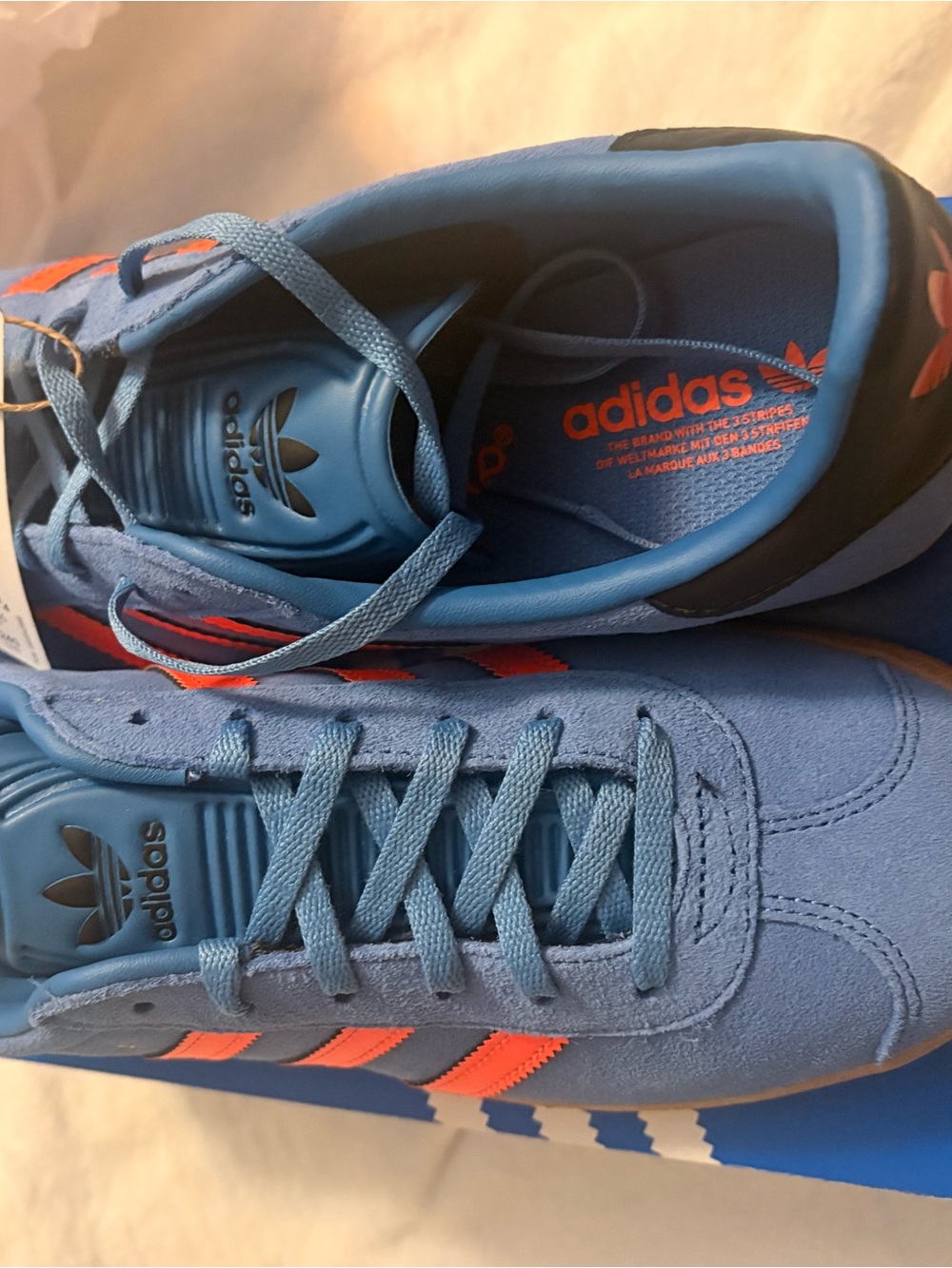 Adidas Gazelle J’s Blue Suede Sneakers with Orange Stripes 6.5 Youth 7.5 Women - Picture 2 of 4